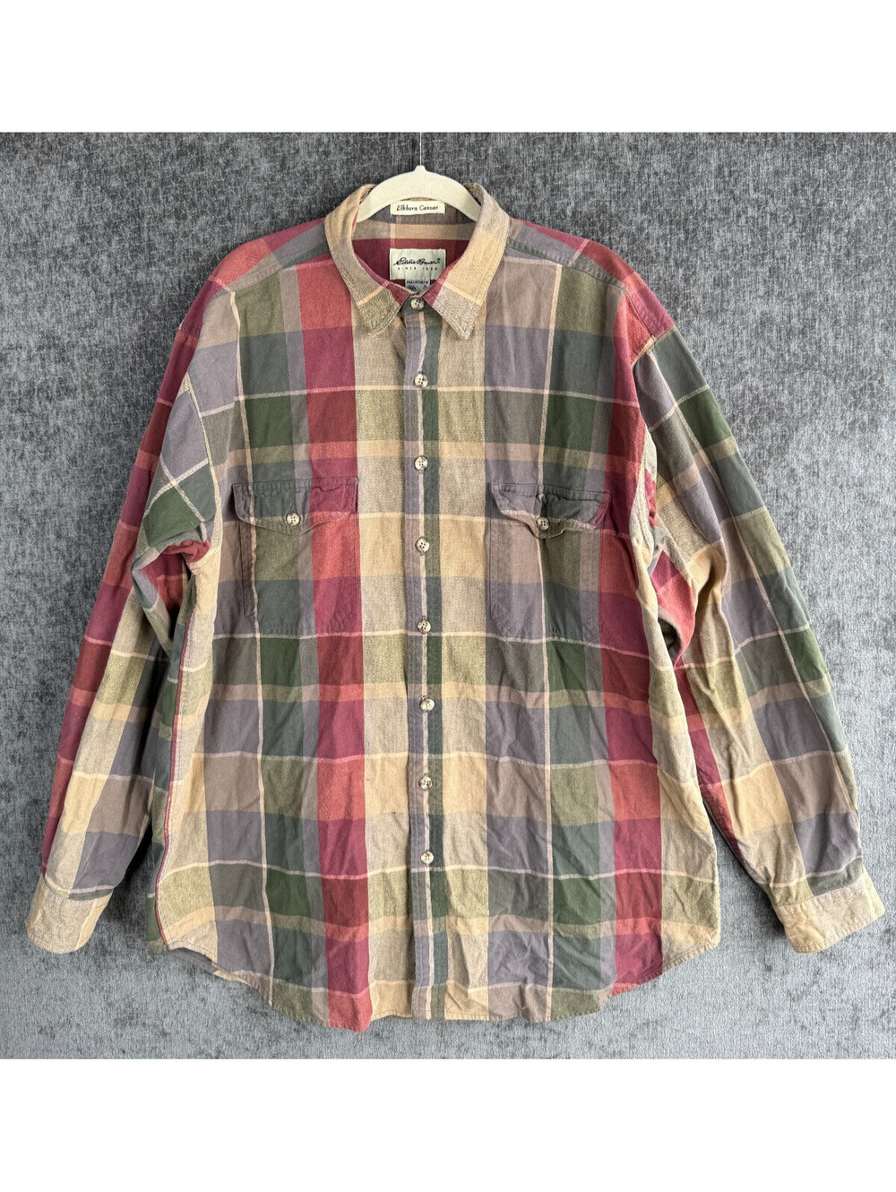 VTG Eddie Bauer Elkhorn Canvas Mens XL Tall Plaid Heavy Cotton Shirt Multicolor